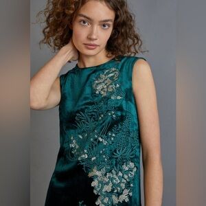ANTHROPOLOGIE Celine Green Embroidered Velvet Shift Dress 12 NWT